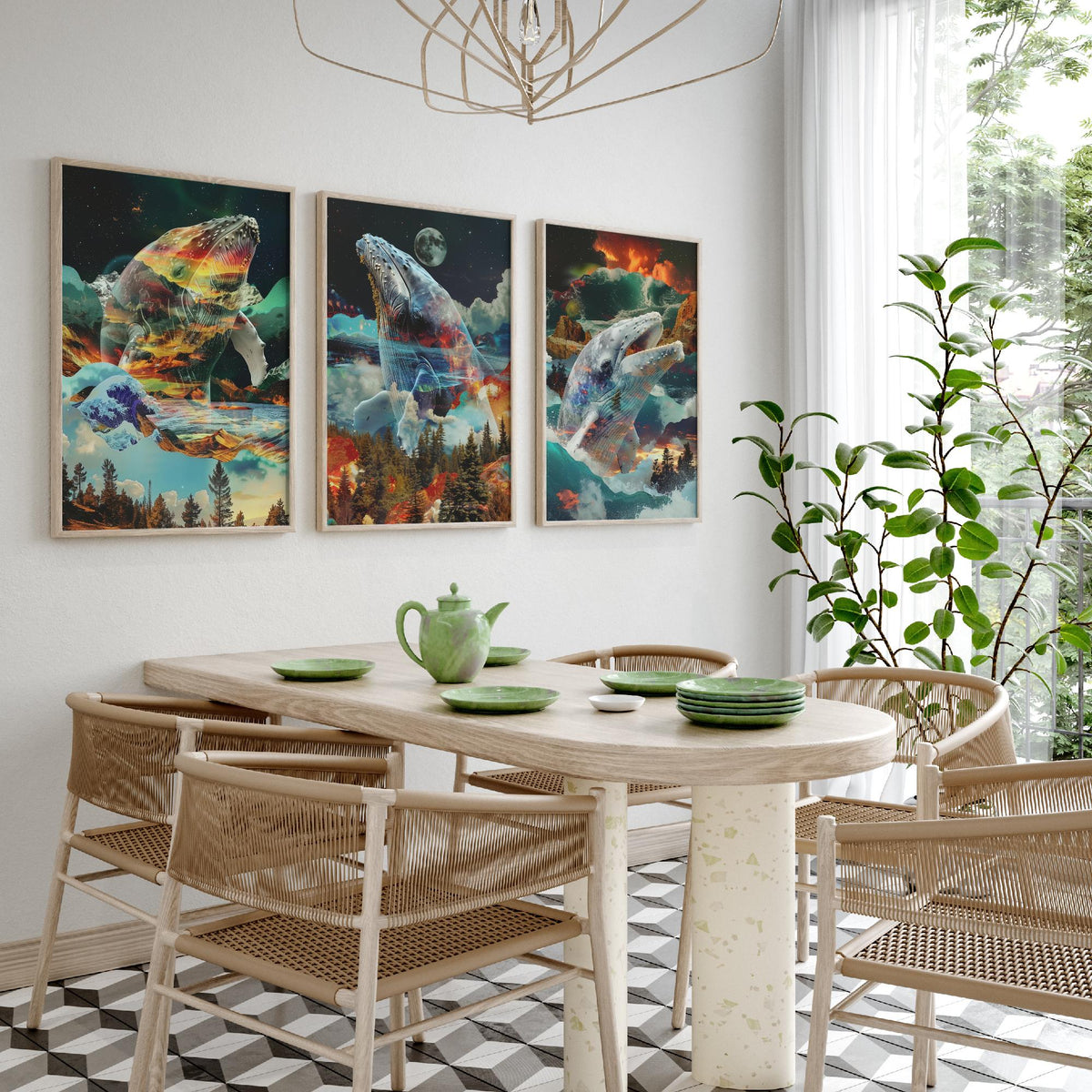 Whale Set of Three Art Prints - 3 Double Exposure Ocean Posters - Surreal Wave Mountain Nature Wall Art Gift Painting Moon