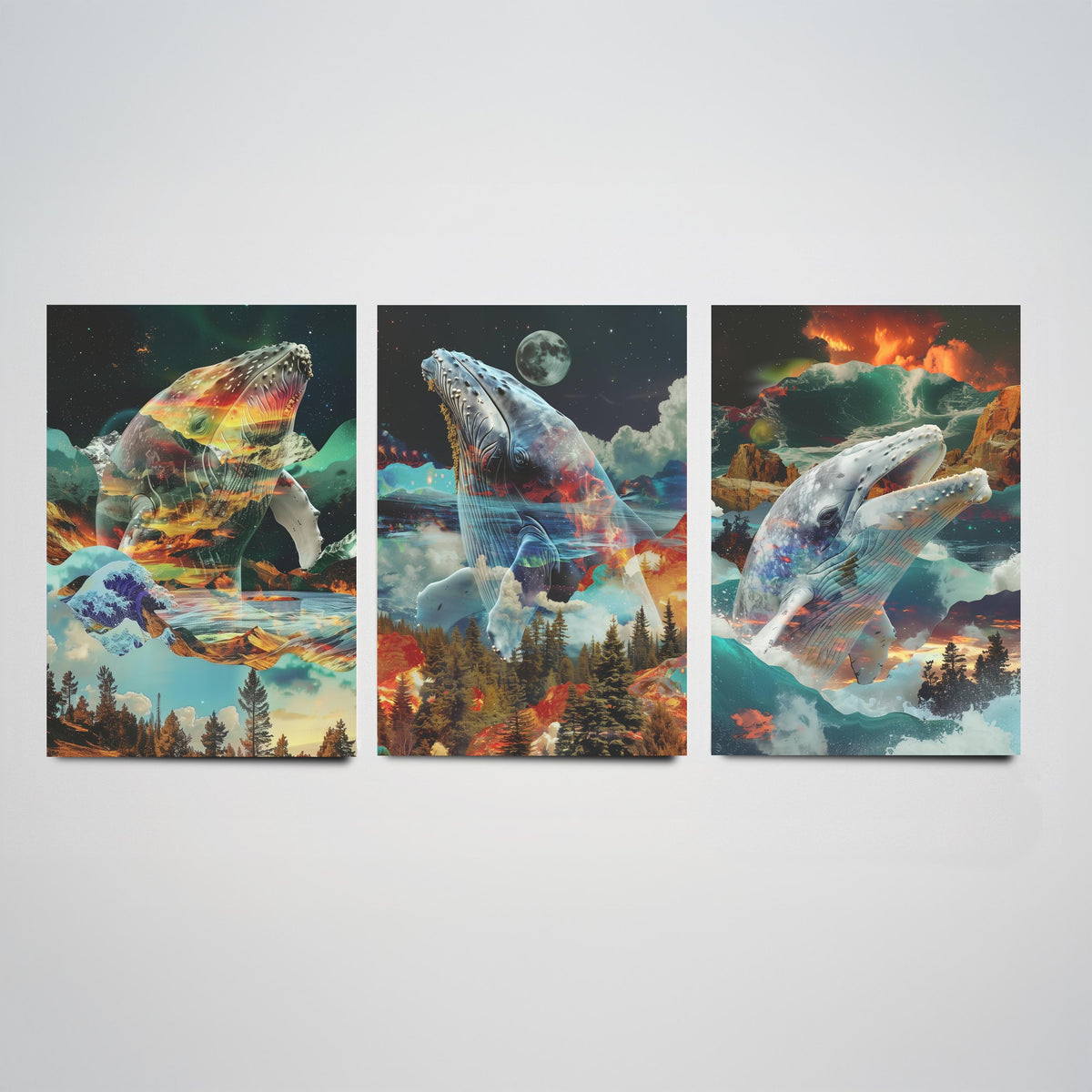 Whale Set of Three Art Prints - 3 Double Exposure Ocean Posters - Surreal Wave Mountain Nature Wall Art Gift Painting Moon