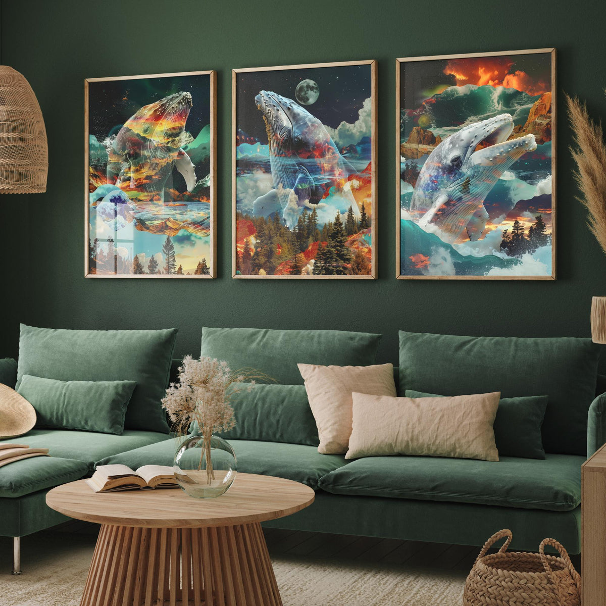 Whale Set of Three Art Prints - 3 Double Exposure Ocean Posters - Surreal Wave Mountain Nature Wall Art Gift Painting Moon