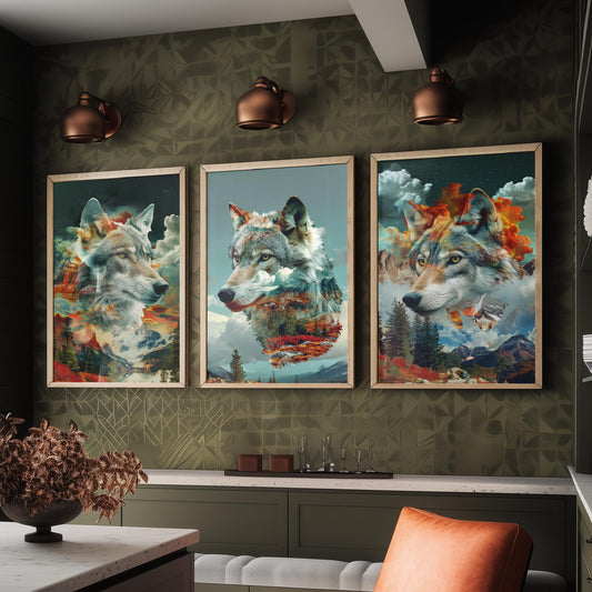 Wolf Set of Three Art Prints - 3 Double Exposure Wild Posters - Surreal Mountain Forest Nature Wall Art Gift Painting Celestial