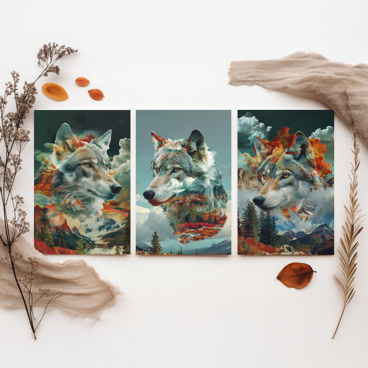 Wolf Set of Three Art Prints - 3 Double Exposure Wild Posters - Surreal Mountain Forest Nature Wall Art Gift Painting Celestial