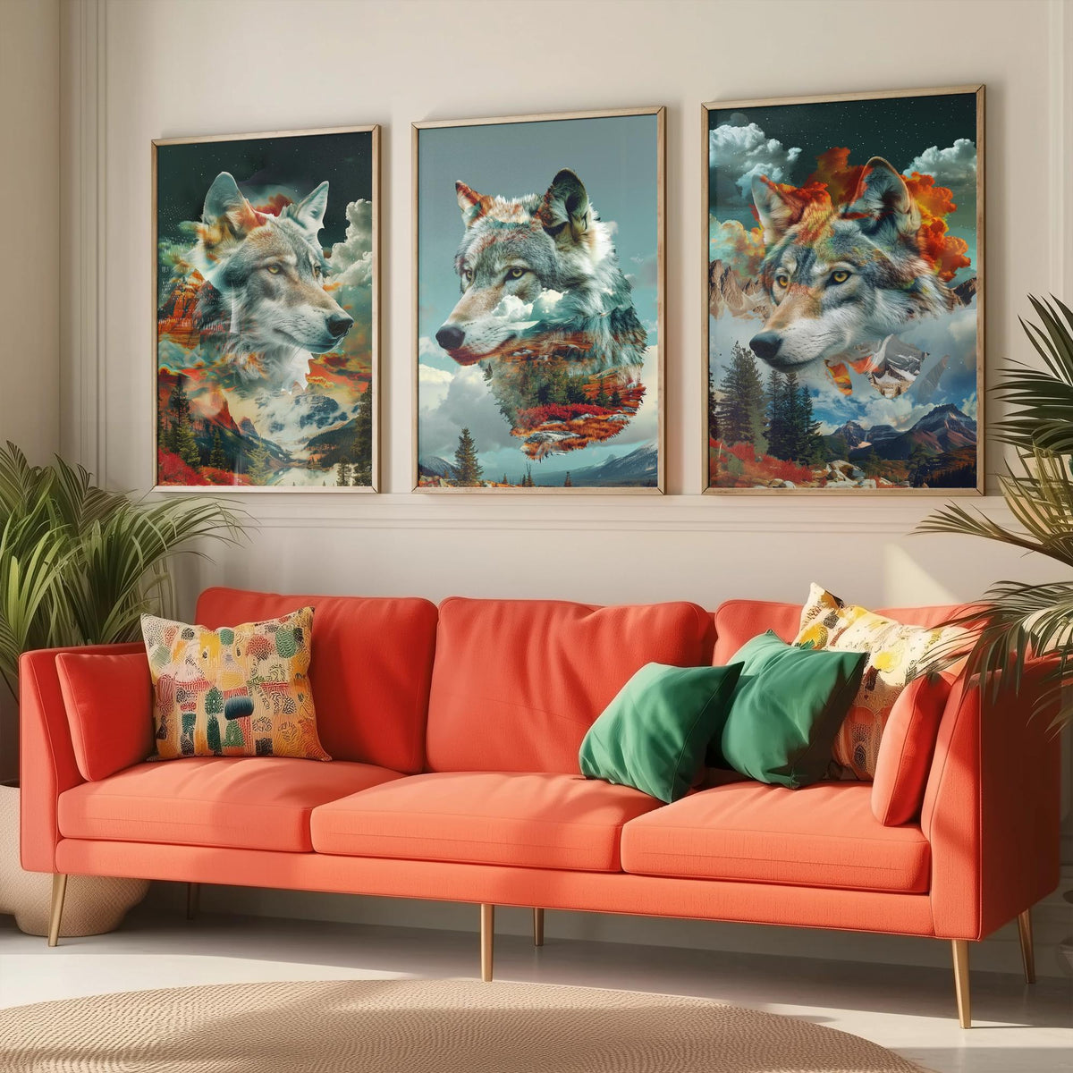 Wolf Set of Three Art Prints - 3 Double Exposure Wild Posters - Surreal Mountain Forest Nature Wall Art Gift Painting Celestial