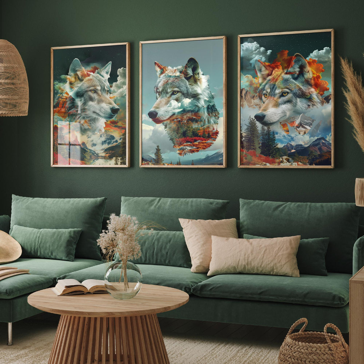 Wolf Set of Three Art Prints - 3 Double Exposure Wild Posters - Surreal Mountain Forest Nature Wall Art Gift Painting Celestial