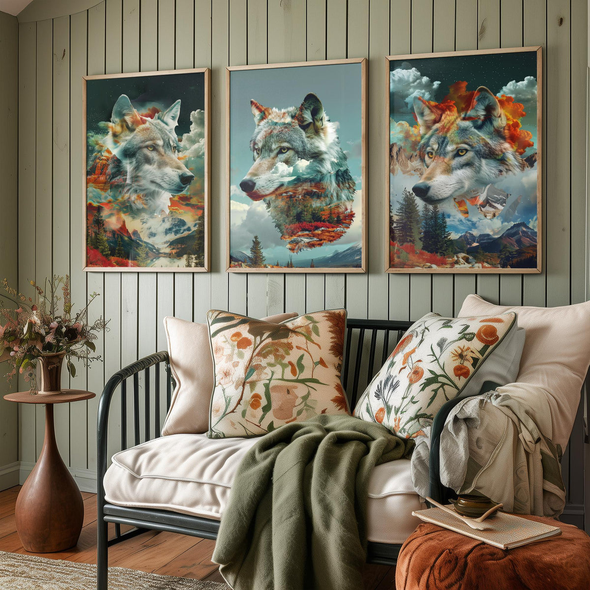 Wolf Set of Three Art Prints - 3 Double Exposure Wild Posters - Surreal Mountain Forest Nature Wall Art Gift Painting Celestial