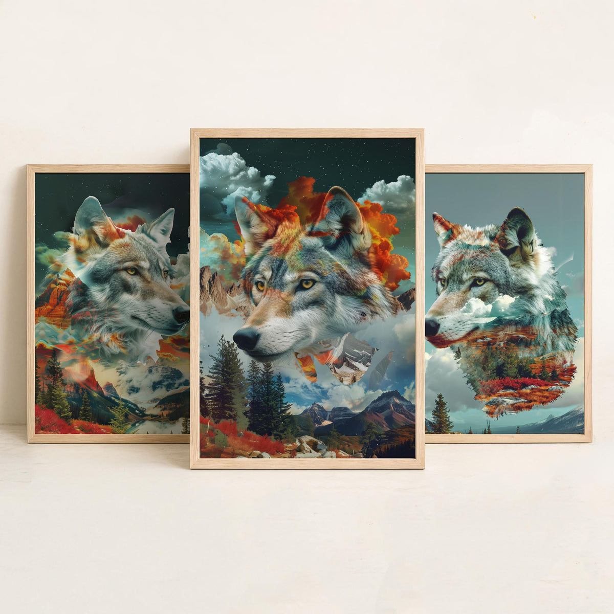 Wolf Set of Three Art Prints - 3 Double Exposure Wild Posters - Surreal Mountain Forest Nature Wall Art Gift Painting Celestial