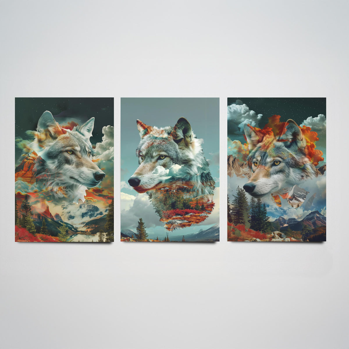 Wolf Set of Three Art Prints - 3 Double Exposure Wild Posters - Surreal Mountain Forest Nature Wall Art Gift Painting Celestial