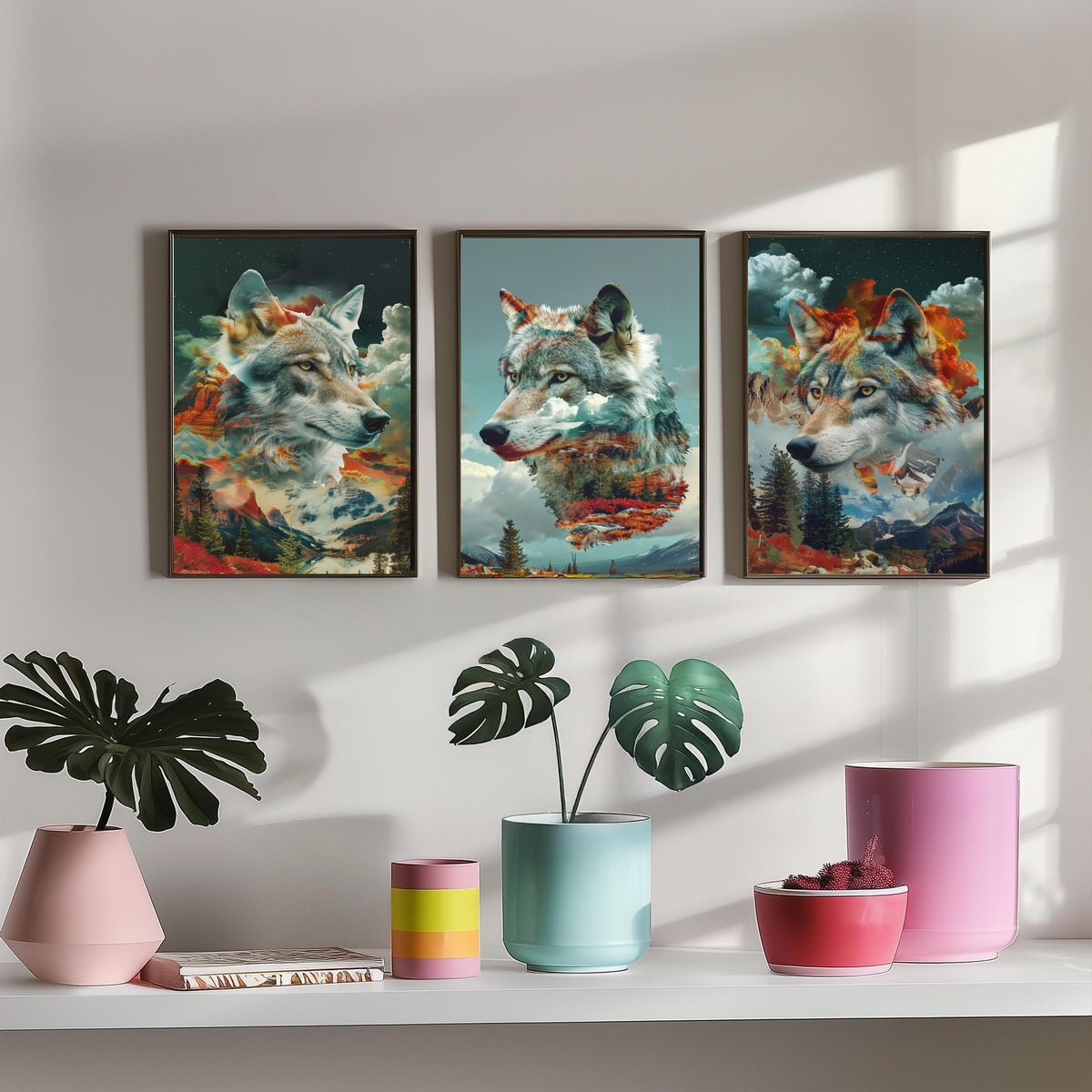 Wolf Set of Three Art Prints - 3 Double Exposure Wild Posters - Surreal Mountain Forest Nature Wall Art Gift Painting Celestial