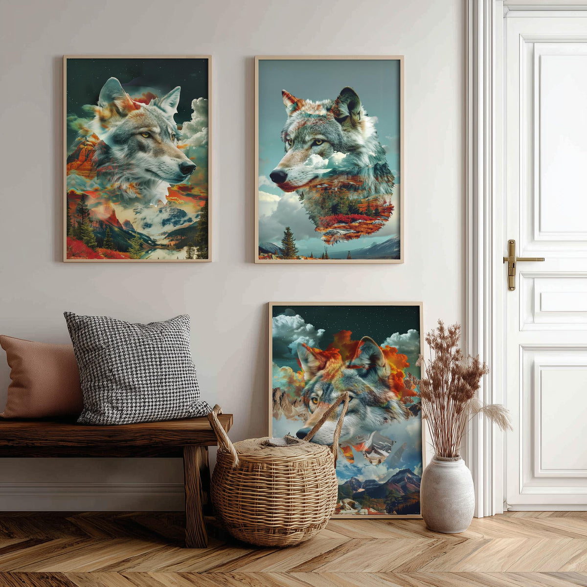 Wolf Set of Three Art Prints - 3 Double Exposure Wild Posters - Surreal Mountain Forest Nature Wall Art Gift Painting Celestial