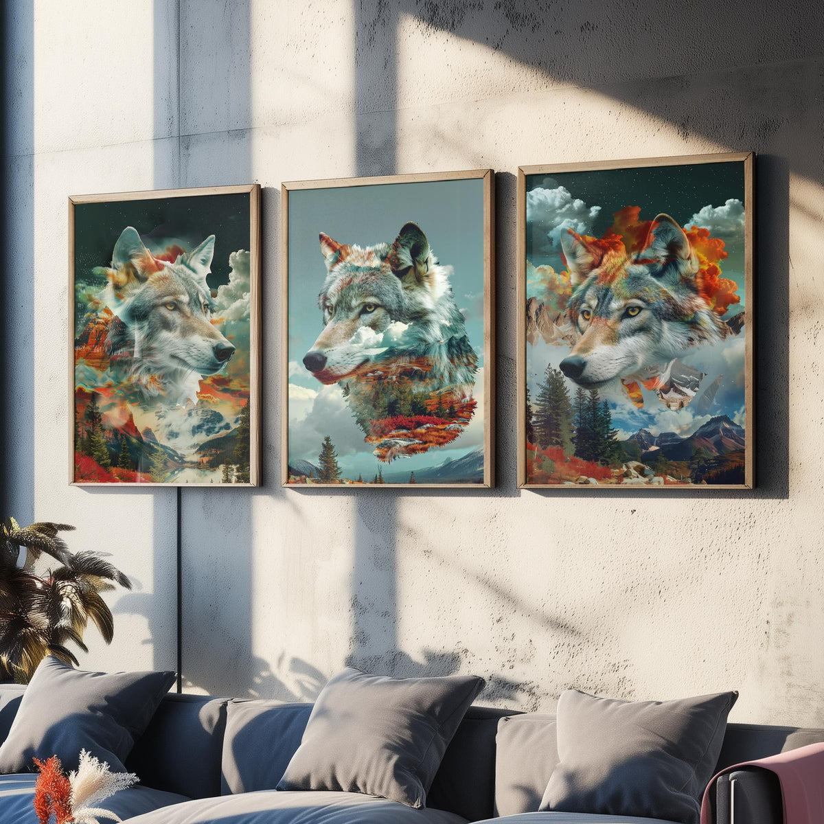 Wolf Set of Three Art Prints - 3 Double Exposure Wild Posters - Surreal Mountain Forest Nature Wall Art Gift Painting Celestial