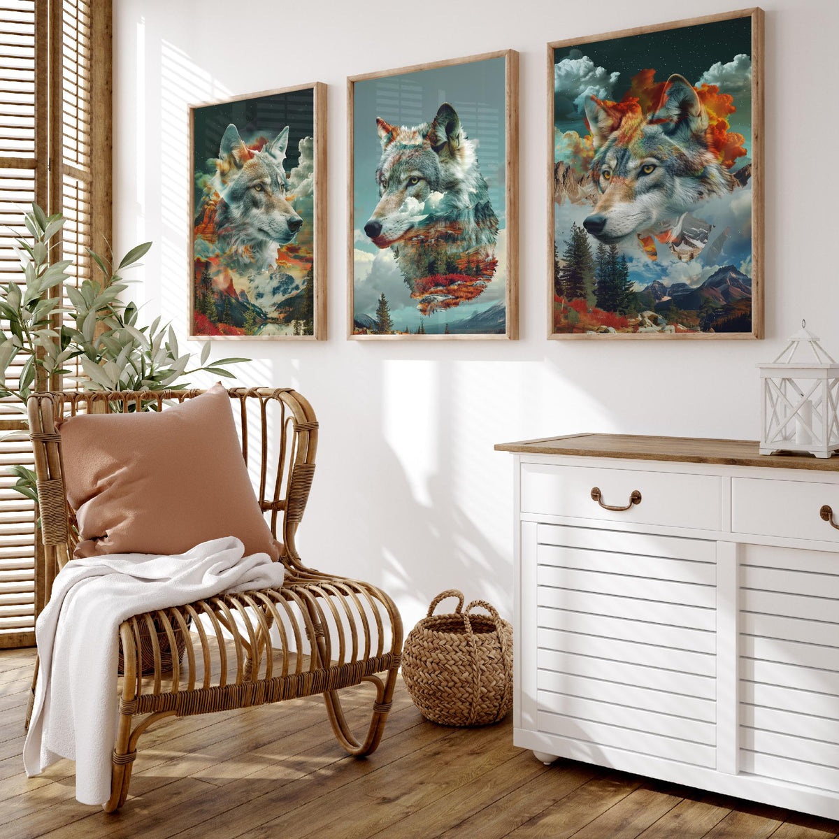 Wolf Set of Three Art Prints - 3 Double Exposure Wild Posters - Surreal Mountain Forest Nature Wall Art Gift Painting Celestial