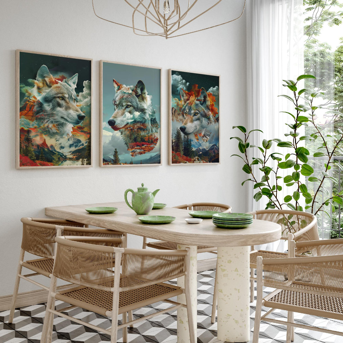 Wolf Set of Three Art Prints - 3 Double Exposure Wild Posters - Surreal Mountain Forest Nature Wall Art Gift Painting Celestial