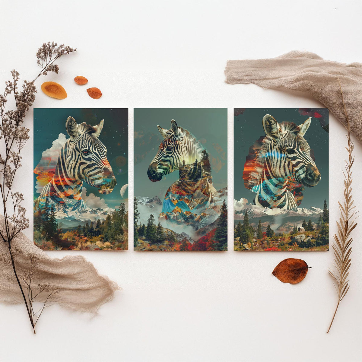Zebra Set of Three Art Prints - 3 Double Exposure Safari Posters - Surreal Mountain Sunset Nature Wall Art Gift Painting Celestial