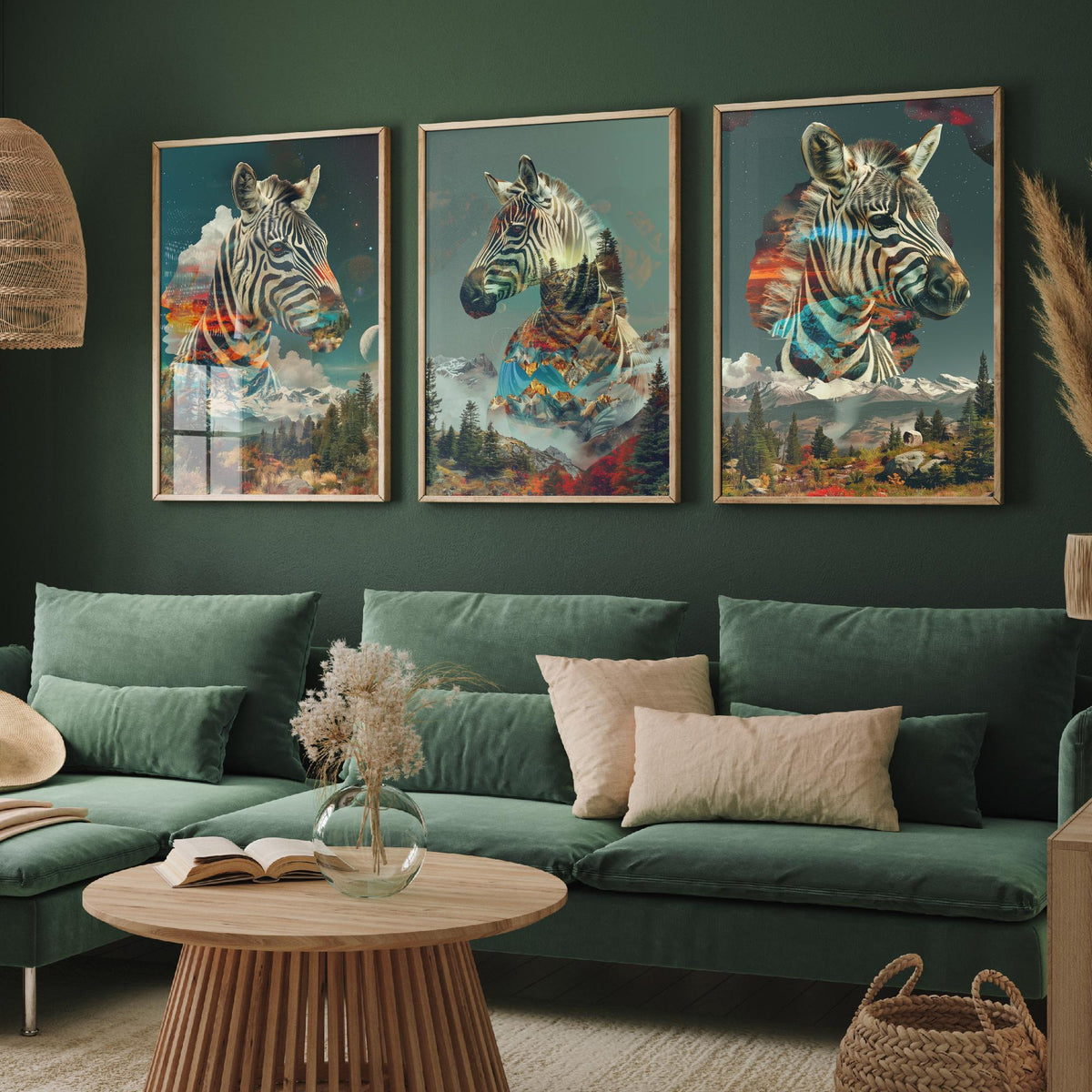 Zebra Set of Three Art Prints - 3 Double Exposure Safari Posters - Surreal Mountain Sunset Nature Wall Art Gift Painting Celestial