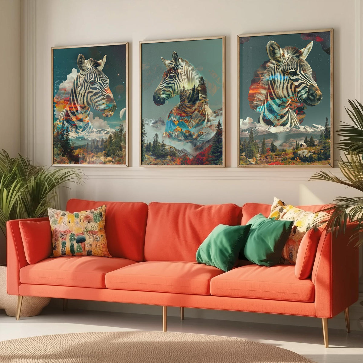 Zebra Set of Three Art Prints - 3 Double Exposure Safari Posters - Surreal Mountain Sunset Nature Wall Art Gift Painting Celestial