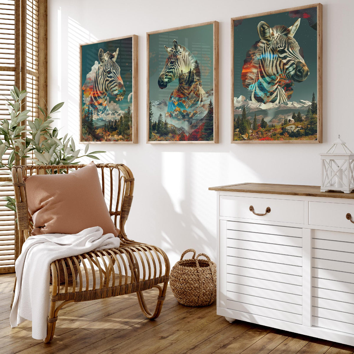Zebra Set of Three Art Prints - 3 Double Exposure Safari Posters - Surreal Mountain Sunset Nature Wall Art Gift Painting Celestial