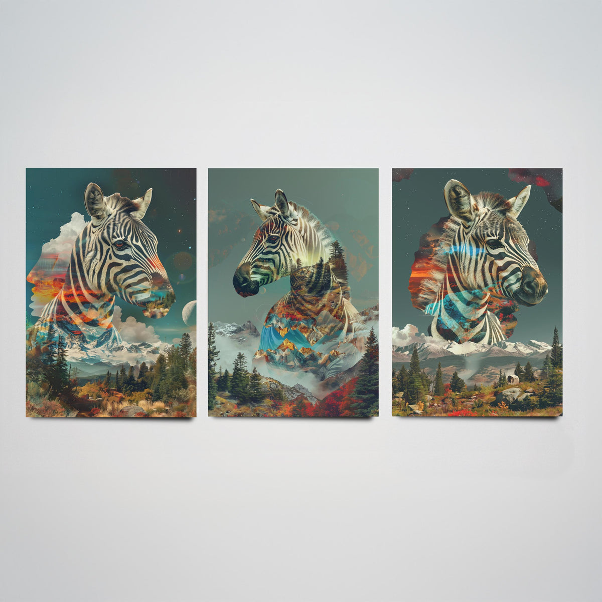 Zebra Set of Three Art Prints - 3 Double Exposure Safari Posters - Surreal Mountain Sunset Nature Wall Art Gift Painting Celestial