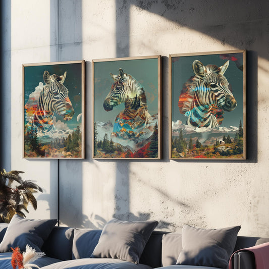 Zebra Set of Three Art Prints - 3 Double Exposure Safari Posters - Surreal Mountain Sunset Nature Wall Art Gift Painting Celestial
