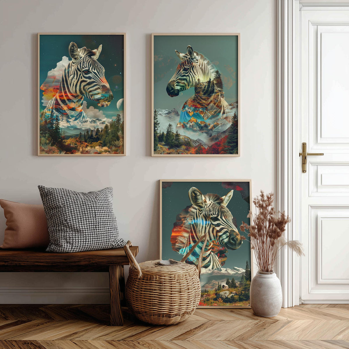 Zebra Set of Three Art Prints - 3 Double Exposure Safari Posters - Surreal Mountain Sunset Nature Wall Art Gift Painting Celestial