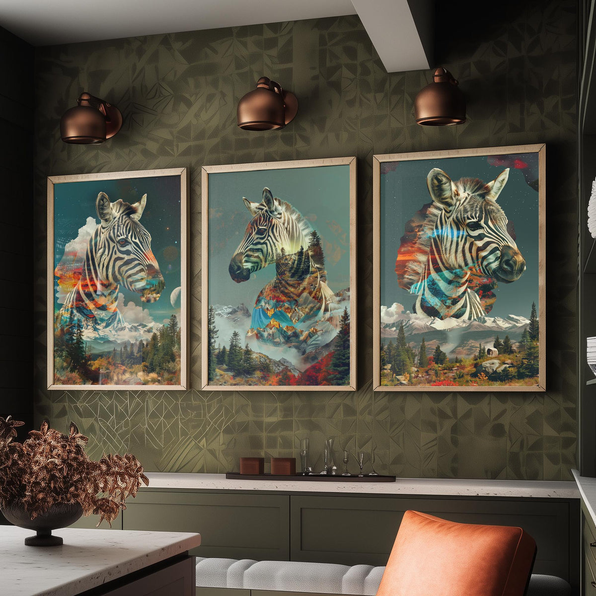 Zebra Set of Three Art Prints - 3 Double Exposure Safari Posters - Surreal Mountain Sunset Nature Wall Art Gift Painting Celestial