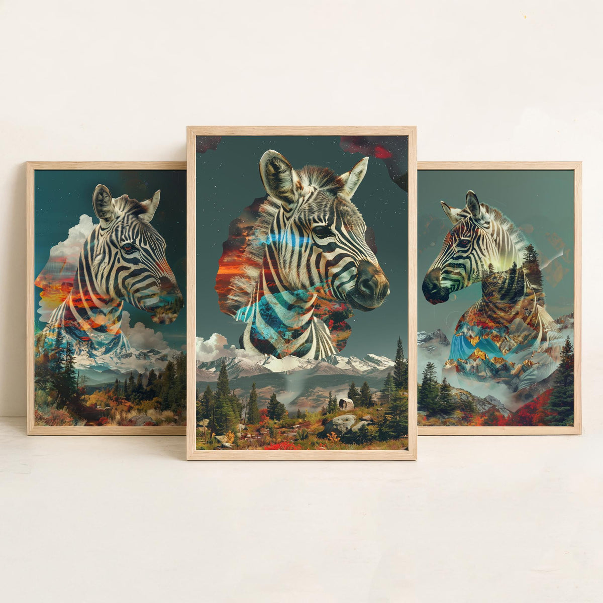 Zebra Set of Three Art Prints - 3 Double Exposure Safari Posters - Surreal Mountain Sunset Nature Wall Art Gift Painting Celestial