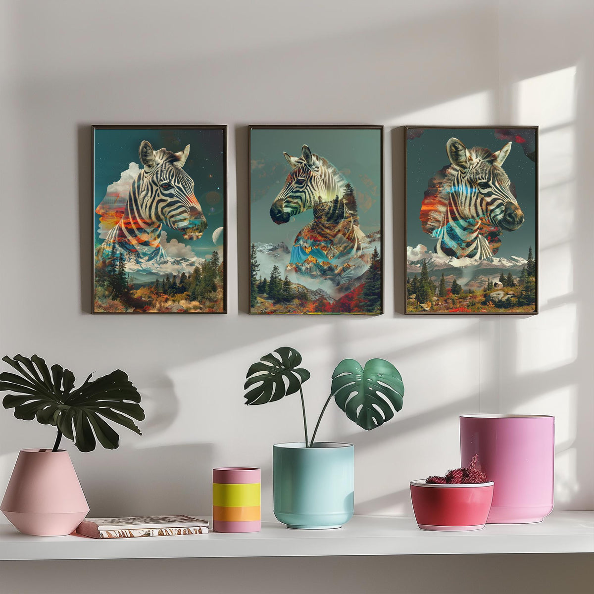 Zebra Set of Three Art Prints - 3 Double Exposure Safari Posters - Surreal Mountain Sunset Nature Wall Art Gift Painting Celestial