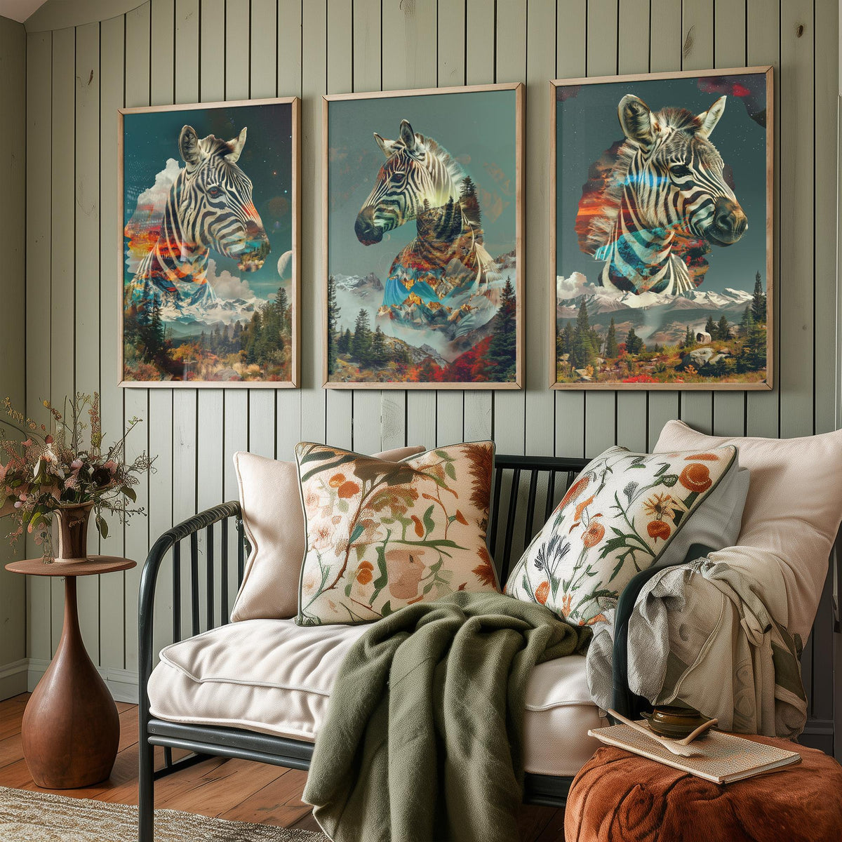 Zebra Set of Three Art Prints - 3 Double Exposure Safari Posters - Surreal Mountain Sunset Nature Wall Art Gift Painting Celestial