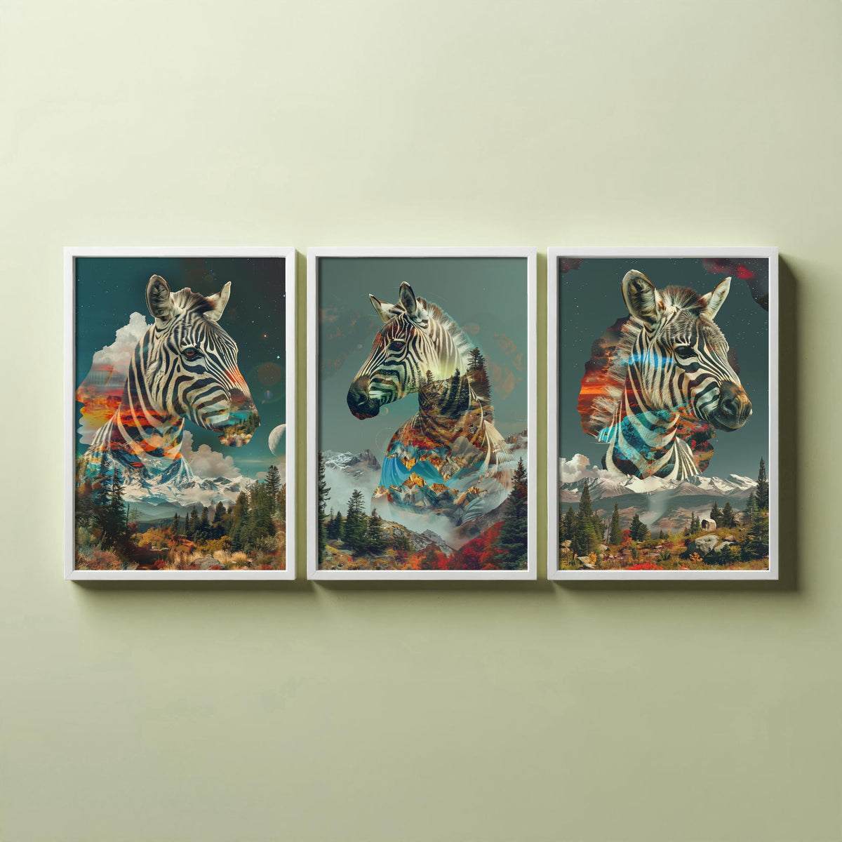 Zebra Set of Three Art Prints - 3 Double Exposure Safari Posters - Surreal Mountain Sunset Nature Wall Art Gift Painting Celestial