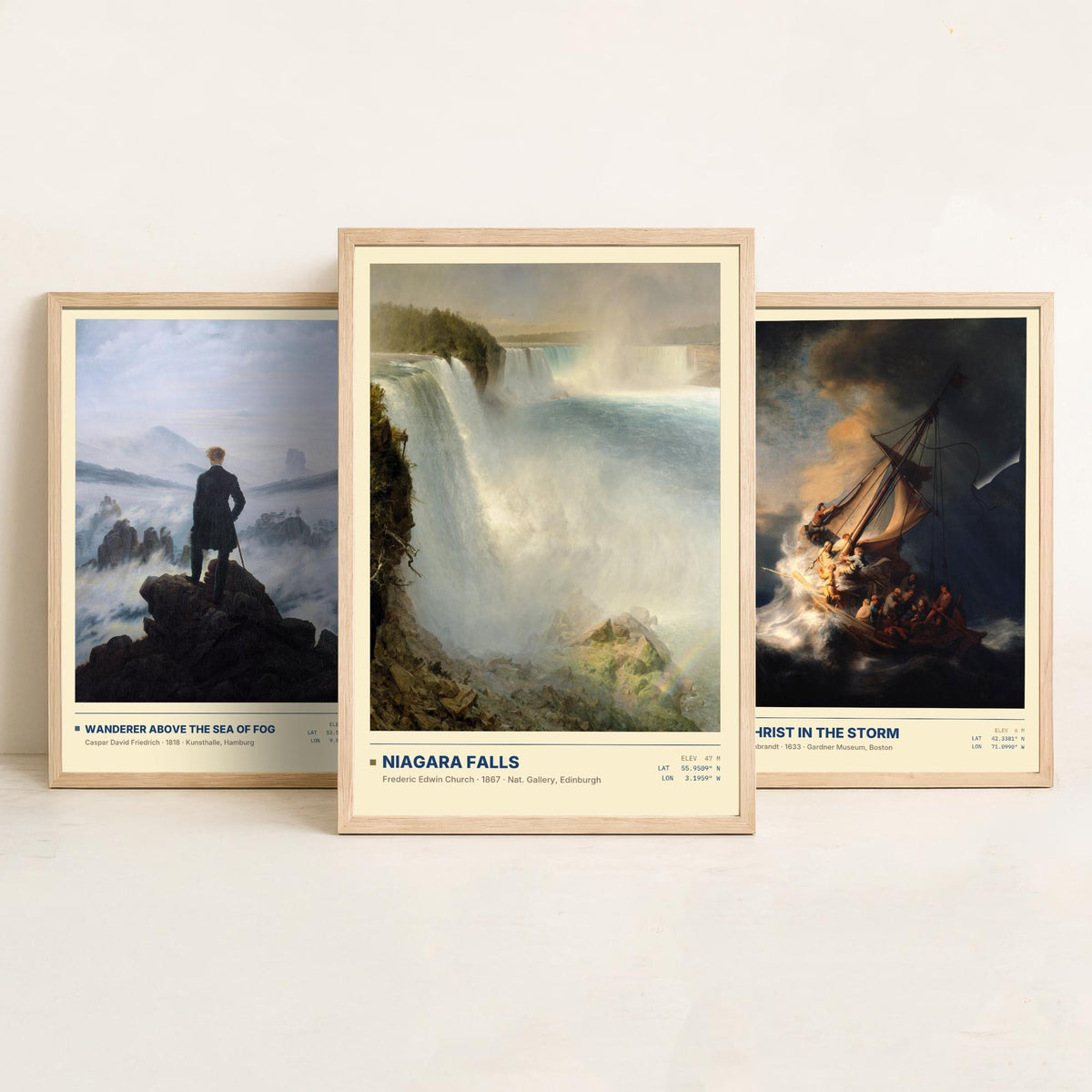 Sublime Nature Set of Three Art Prints - Wanderer Above the Sea of Fog, Christ in the Storm, Niagara - Friedrich Church Paintings Posters