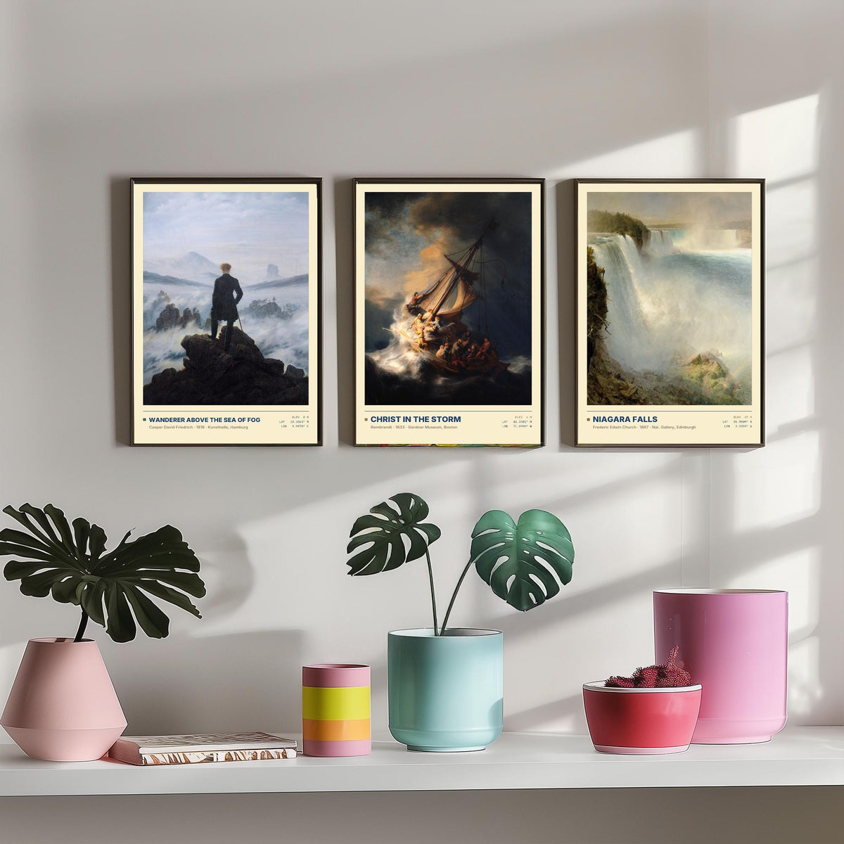 Sublime Nature Set of Three Art Prints - Wanderer Above the Sea of Fog, Christ in the Storm, Niagara - Friedrich Church Paintings Posters