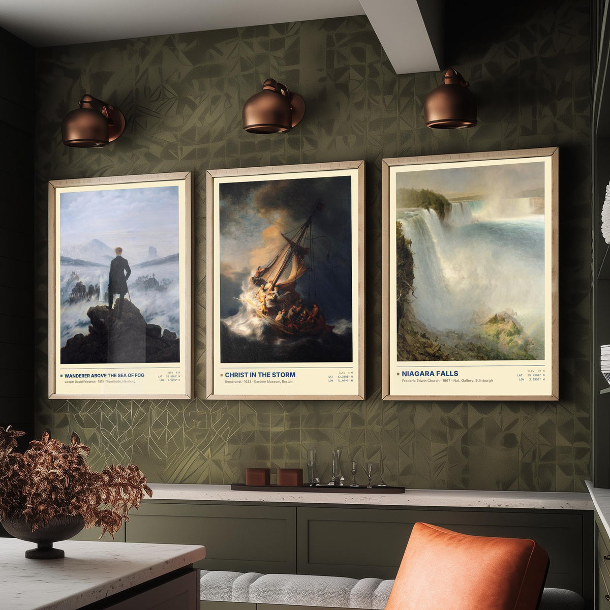 Sublime Nature Set of Three Art Prints - Wanderer Above the Sea of Fog, Christ in the Storm, Niagara - Friedrich Church Paintings Posters