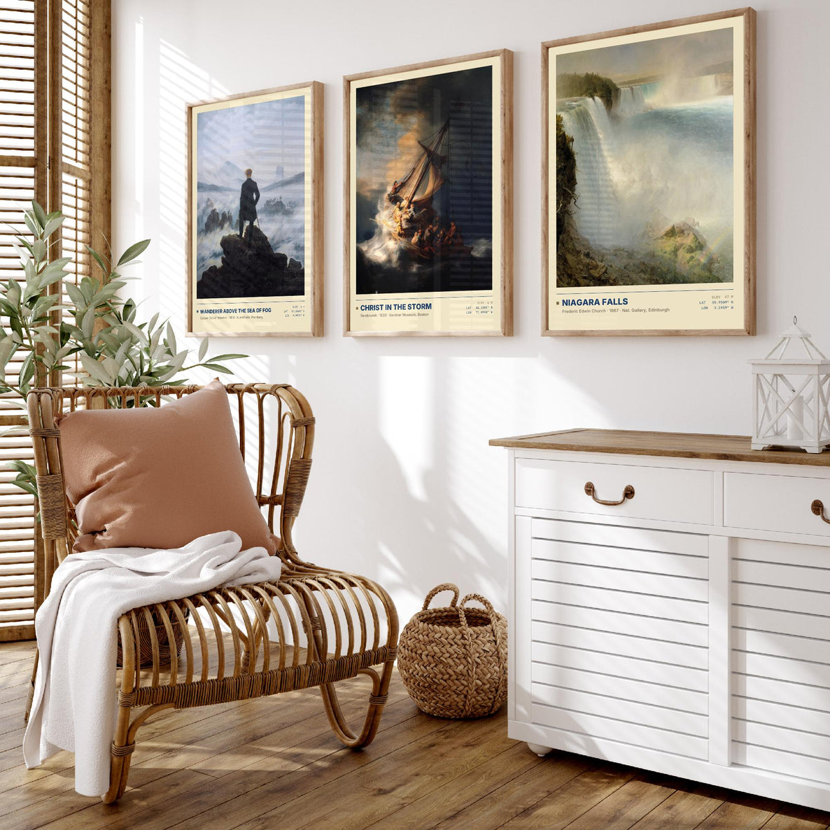 Sublime Nature Set of Three Art Prints - Wanderer Above the Sea of Fog, Christ in the Storm, Niagara - Friedrich Church Paintings Posters