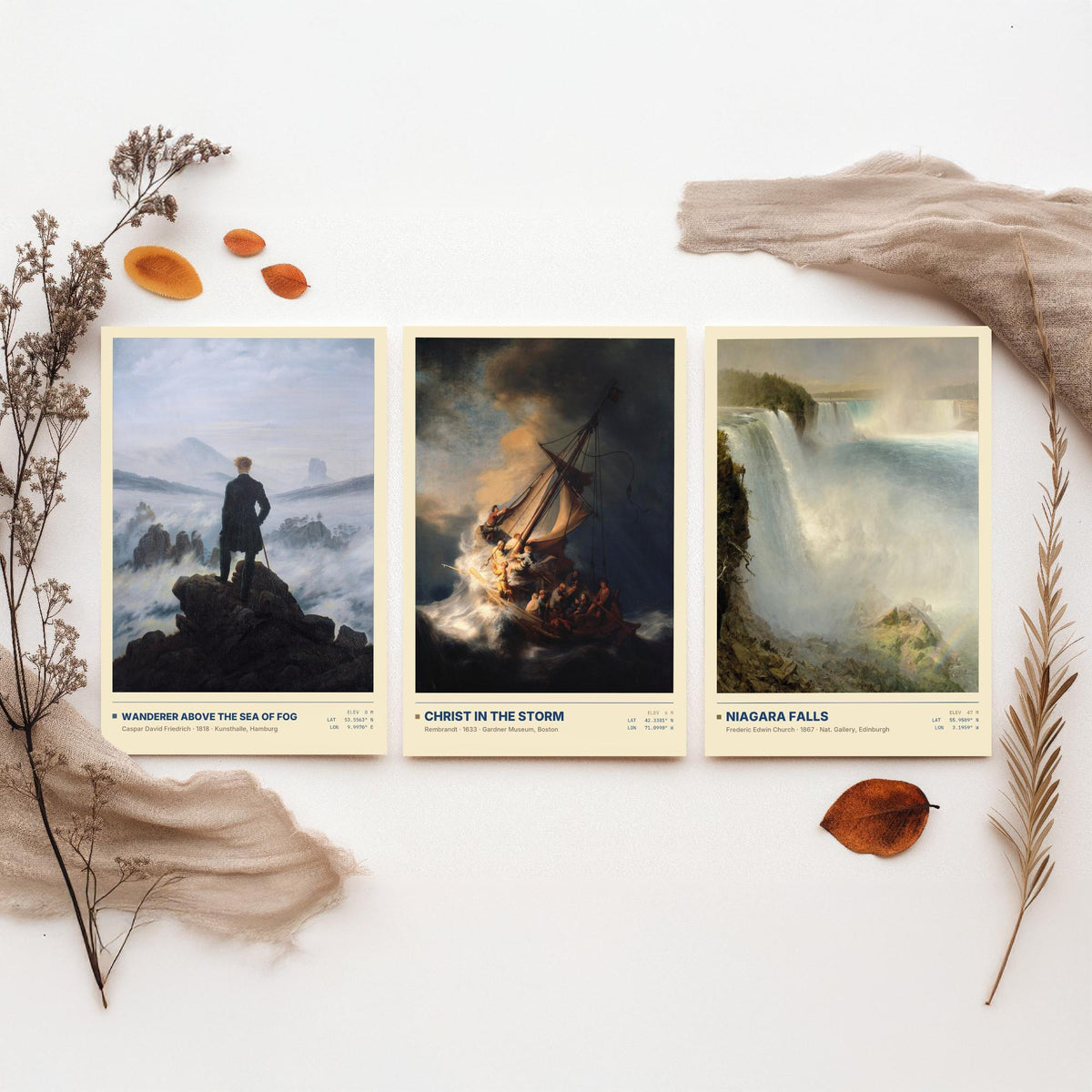 Sublime Nature Set of Three Art Prints - Wanderer Above the Sea of Fog, Christ in the Storm, Niagara - Friedrich Church Paintings Posters