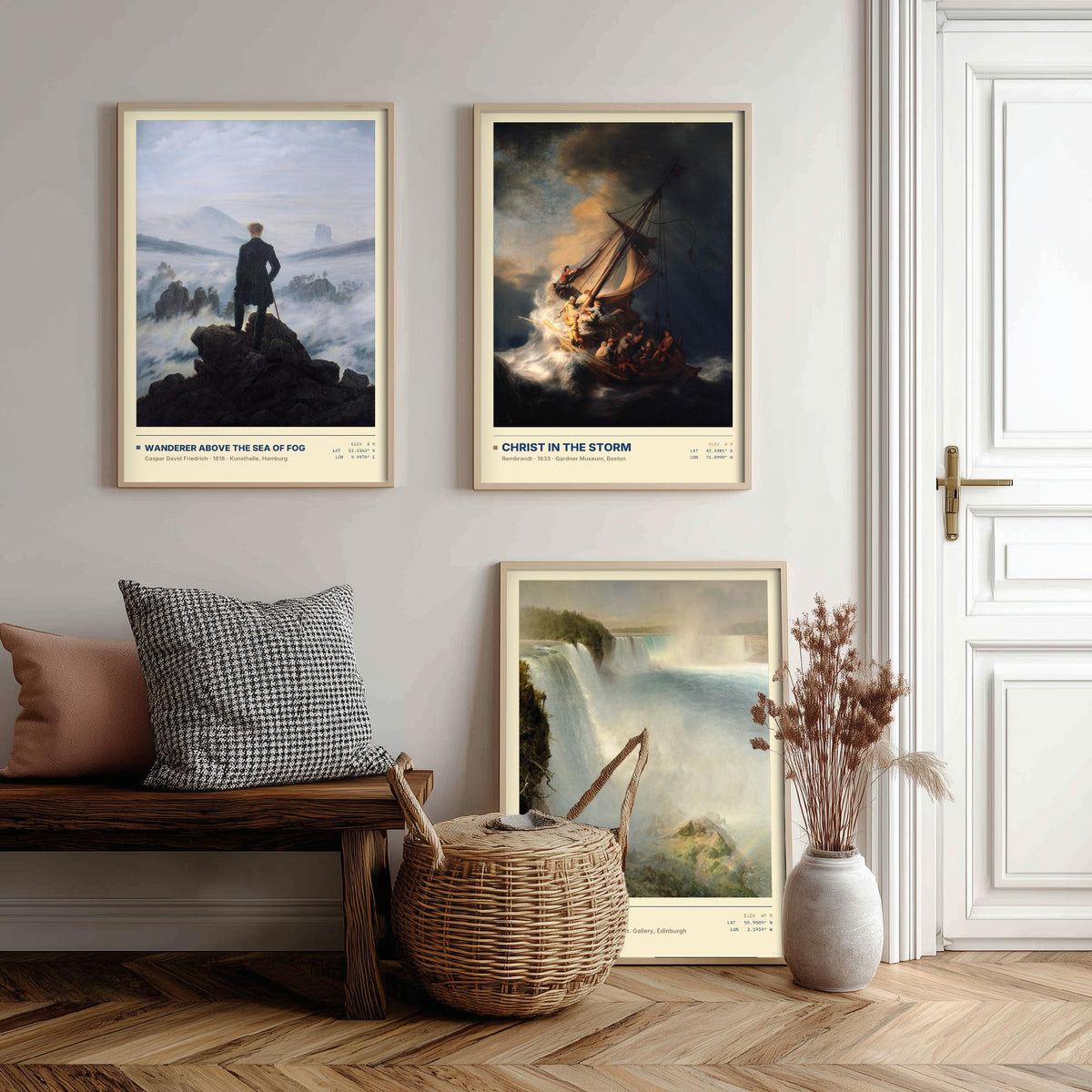 Sublime Nature Set of Three Art Prints - Wanderer Above the Sea of Fog, Christ in the Storm, Niagara - Friedrich Church Paintings Posters