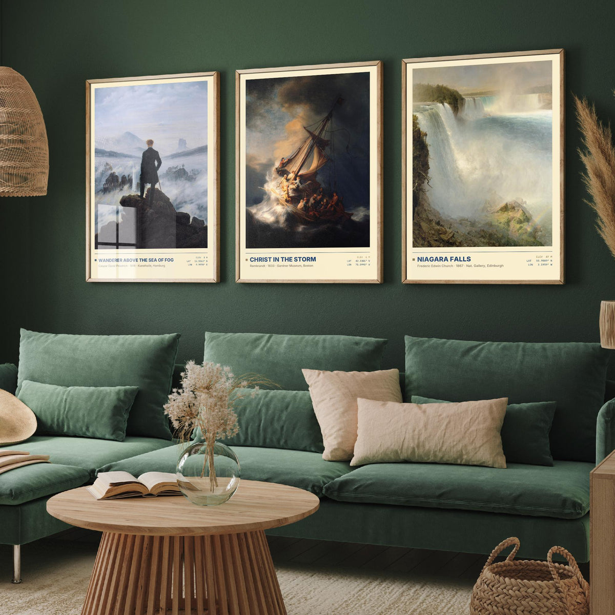 Sublime Nature Set of Three Art Prints - Wanderer Above the Sea of Fog, Christ in the Storm, Niagara - Friedrich Church Paintings Posters