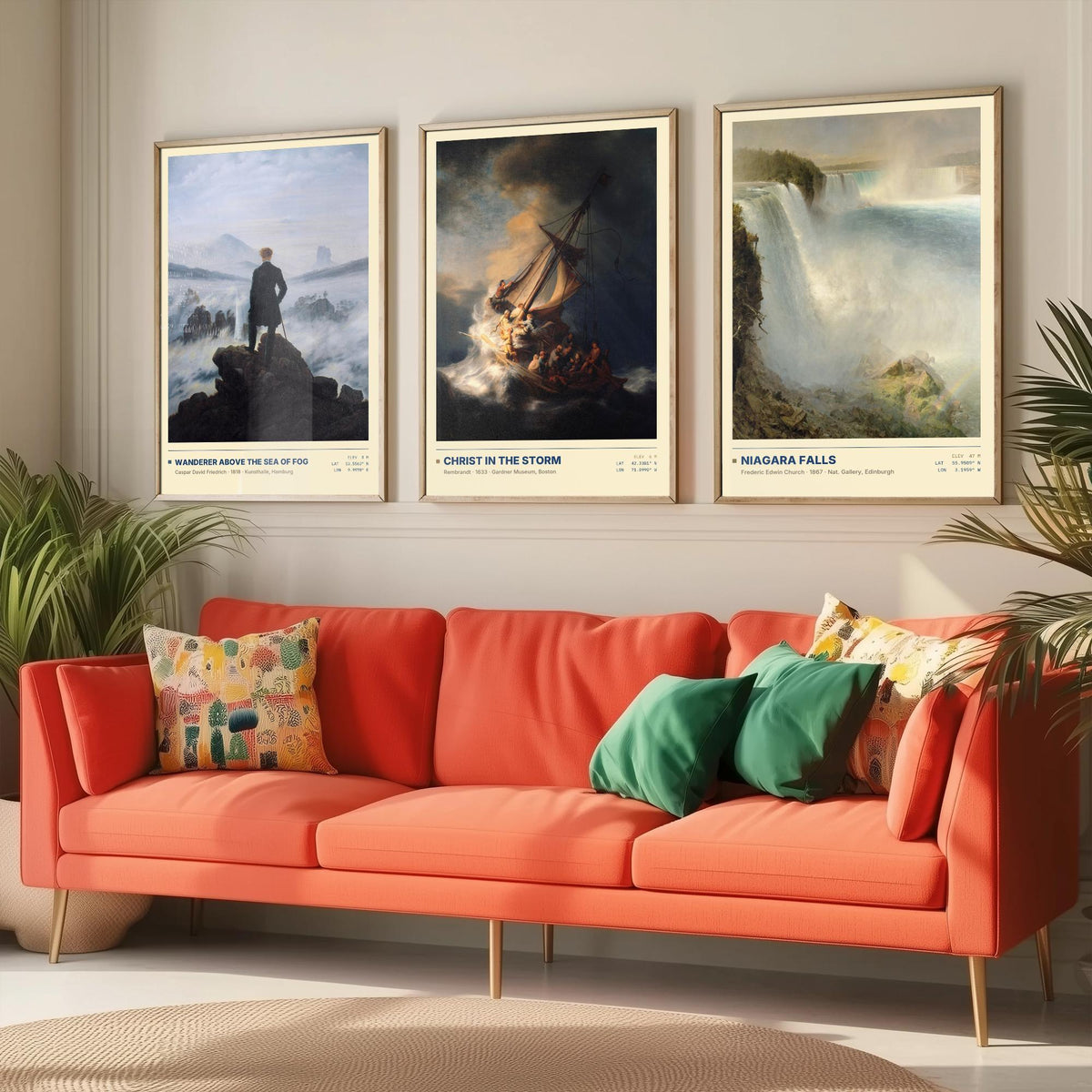 Sublime Nature Set of Three Art Prints - Wanderer Above the Sea of Fog, Christ in the Storm, Niagara - Friedrich Church Paintings Posters
