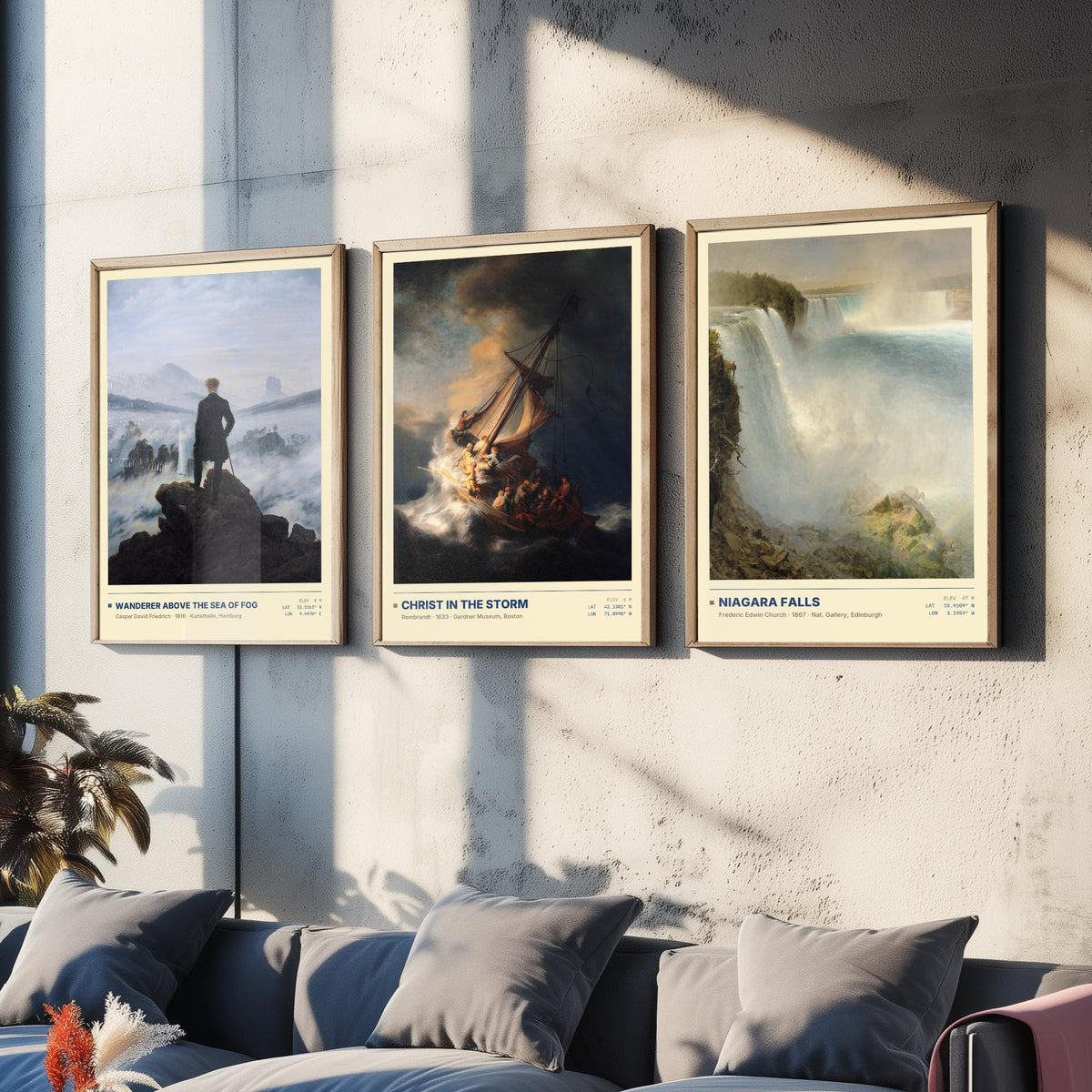 Sublime Nature Set of Three Art Prints - Wanderer Above the Sea of Fog, Christ in the Storm, Niagara - Friedrich Church Paintings Posters