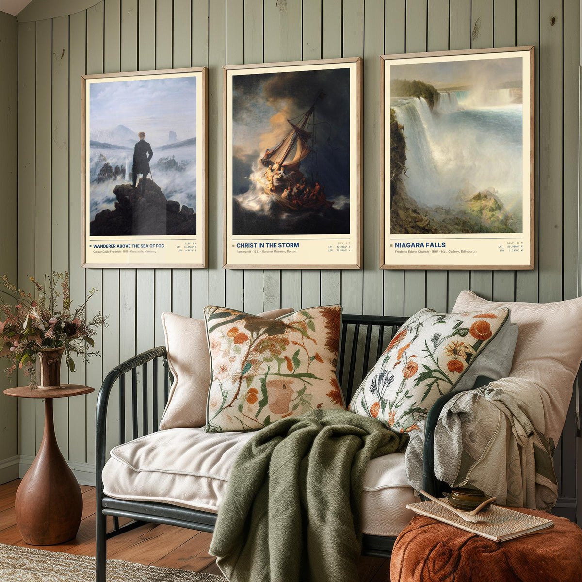 Sublime Nature Set of Three Art Prints - Wanderer Above the Sea of Fog, Christ in the Storm, Niagara - Friedrich Church Paintings Posters