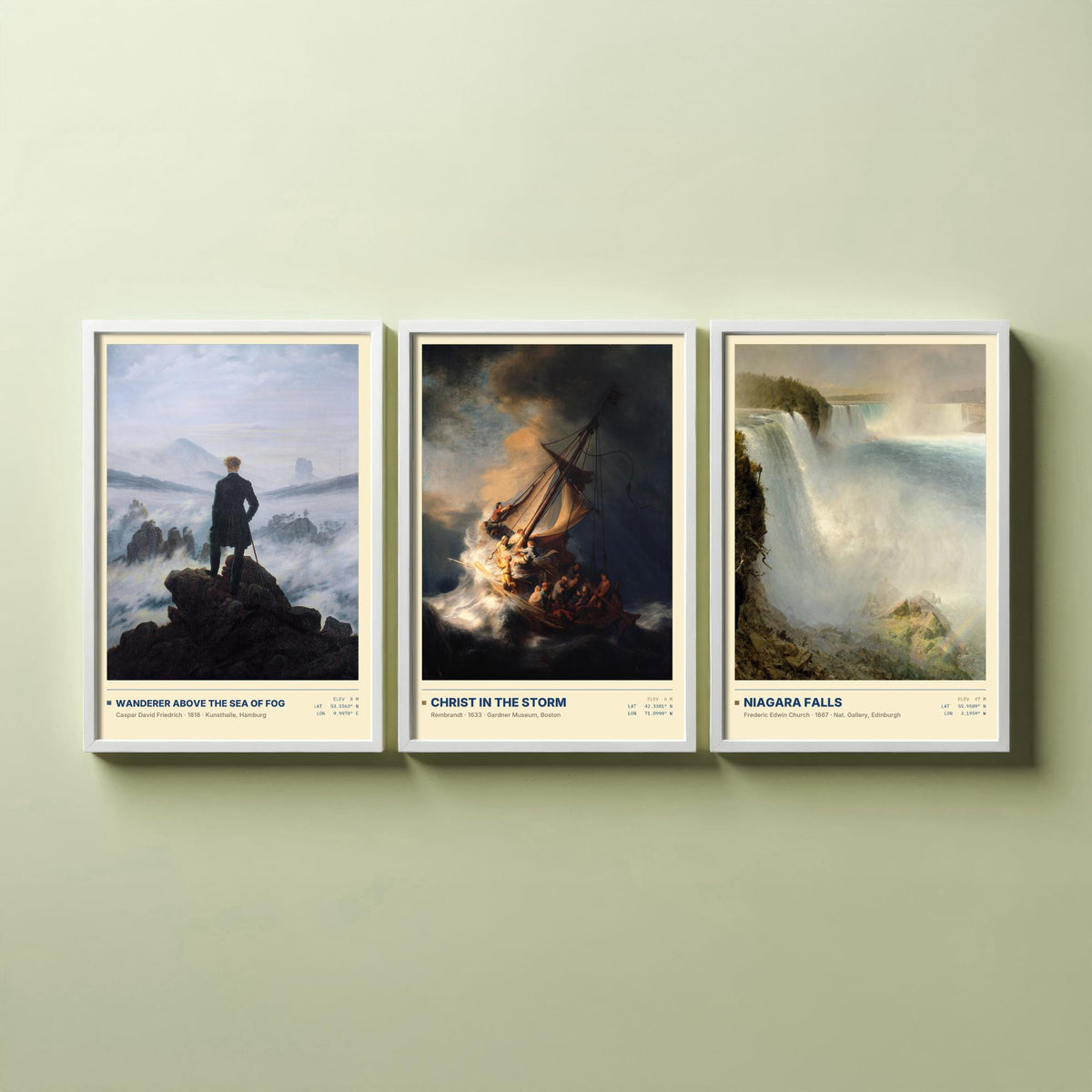 Sublime Nature Set of Three Art Prints - Wanderer Above the Sea of Fog, Christ in the Storm, Niagara - Friedrich Church Paintings Posters
