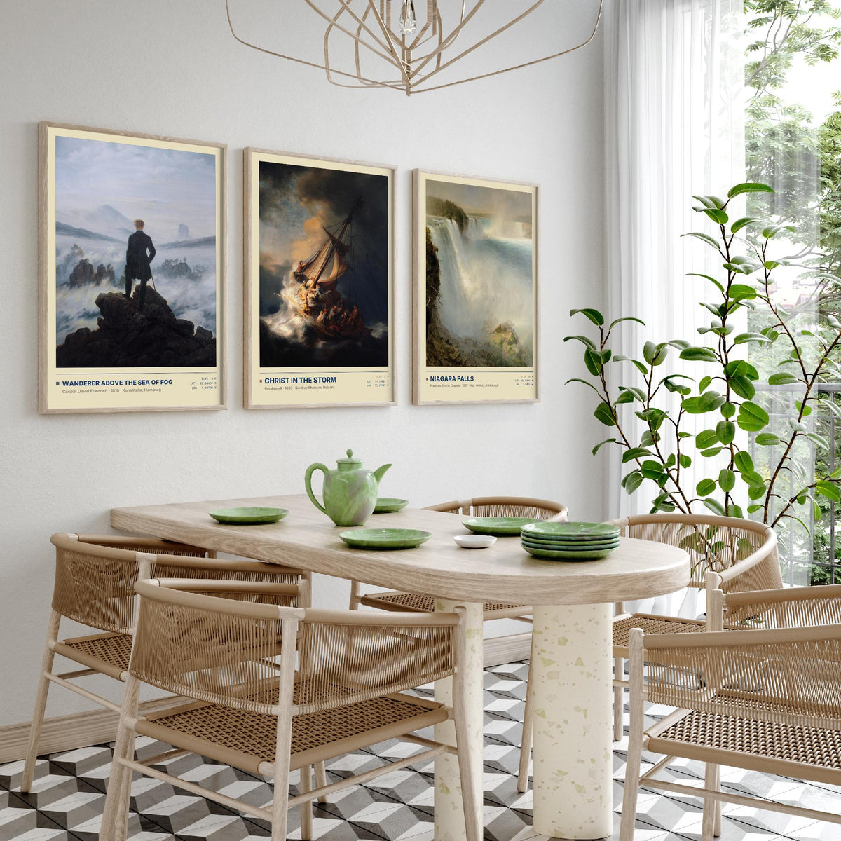 Sublime Nature Set of Three Art Prints - Wanderer Above the Sea of Fog, Christ in the Storm, Niagara - Friedrich Church Paintings Posters