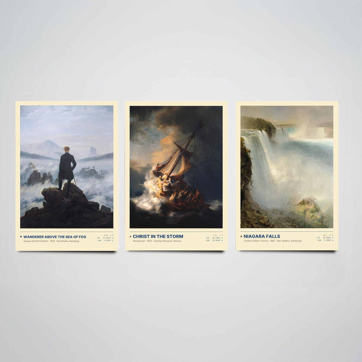 Sublime Nature Set of Three Art Prints - Wanderer Above the Sea of Fog, Christ in the Storm, Niagara - Friedrich Church Paintings Posters