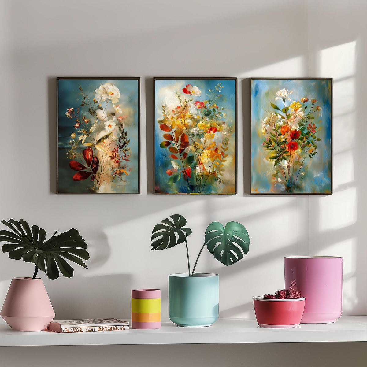 Floral Bouquet Set of Three Art Prints - 3 Wildflower Posters - Dreamy Painterly Botanical Wall Art Gift Painting Blue