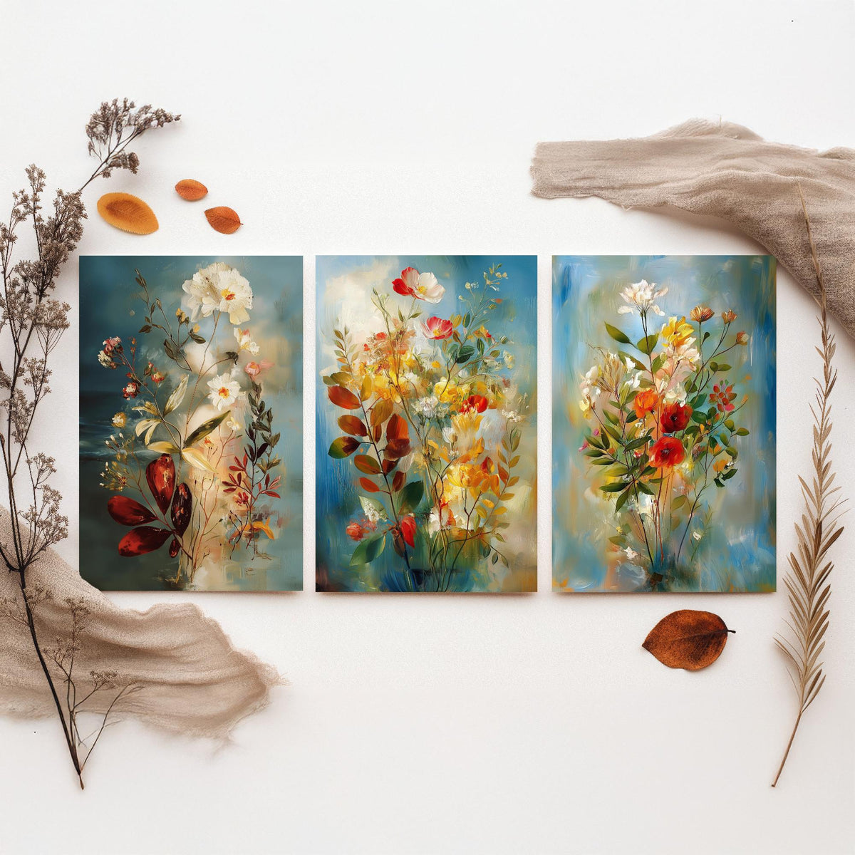Floral Bouquet Set of Three Art Prints - 3 Wildflower Posters - Dreamy Painterly Botanical Wall Art Gift Painting Blue