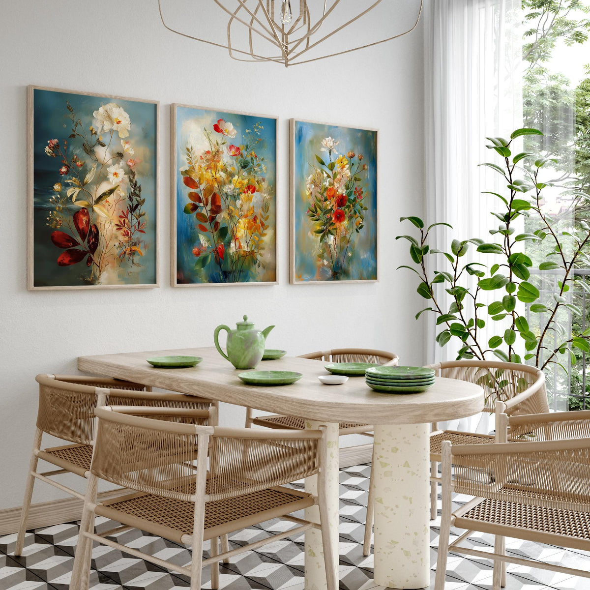 Floral Bouquet Set of Three Art Prints - 3 Wildflower Posters - Dreamy Painterly Botanical Wall Art Gift Painting Blue