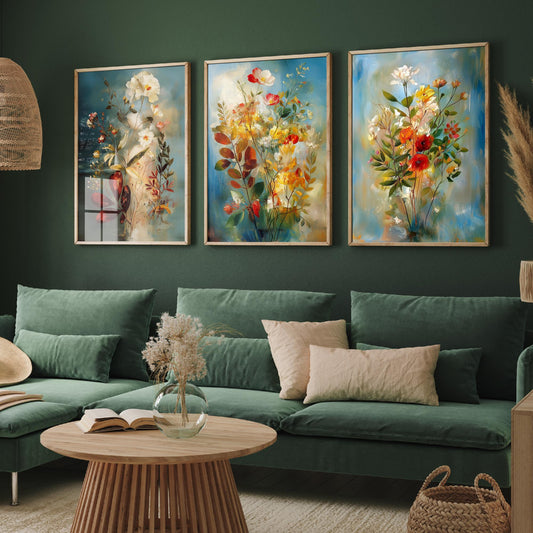 Floral Bouquet Set of Three Art Prints - 3 Wildflower Posters - Dreamy Painterly Botanical Wall Art Gift Painting Blue
