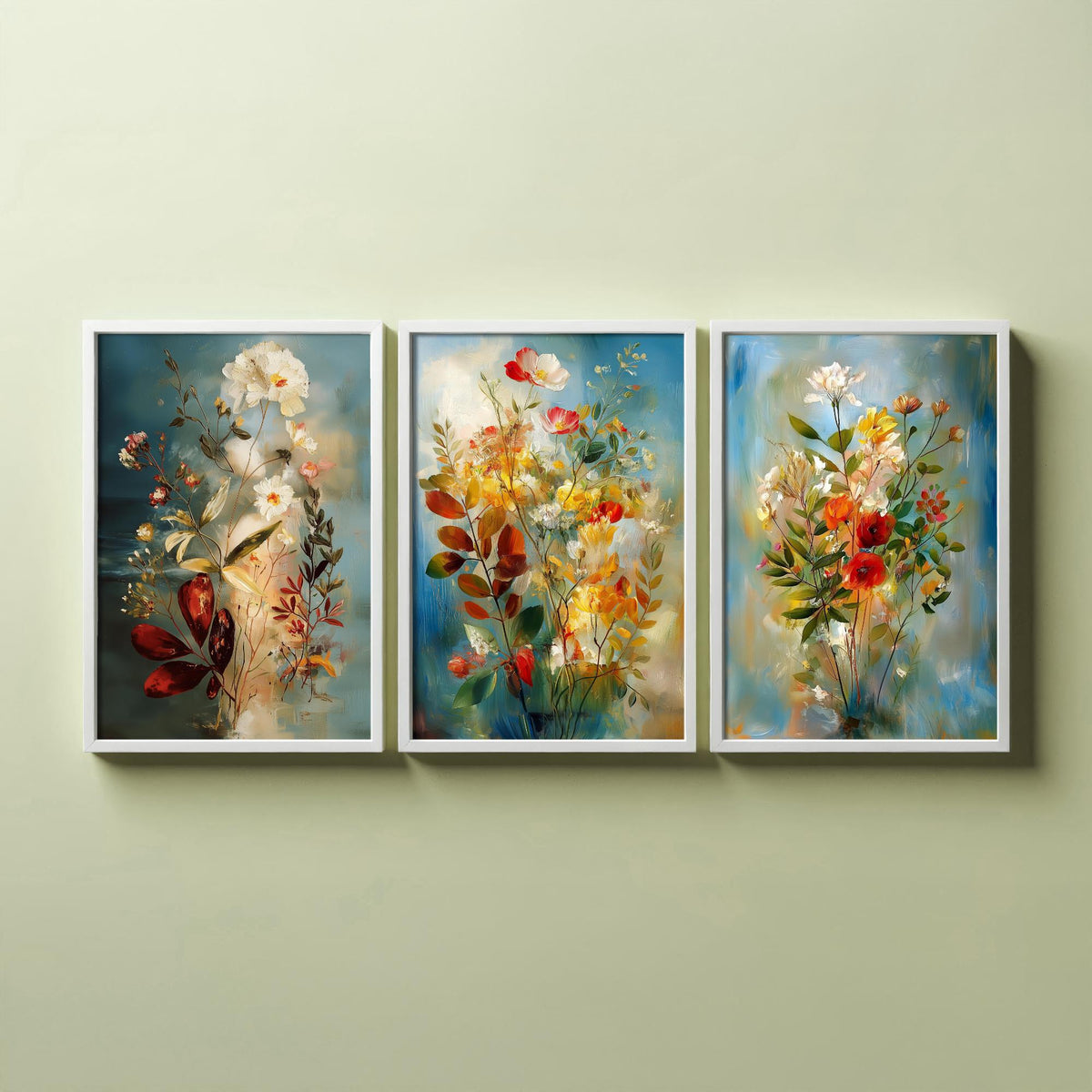 Floral Bouquet Set of Three Art Prints - 3 Wildflower Posters - Dreamy Painterly Botanical Wall Art Gift Painting Blue