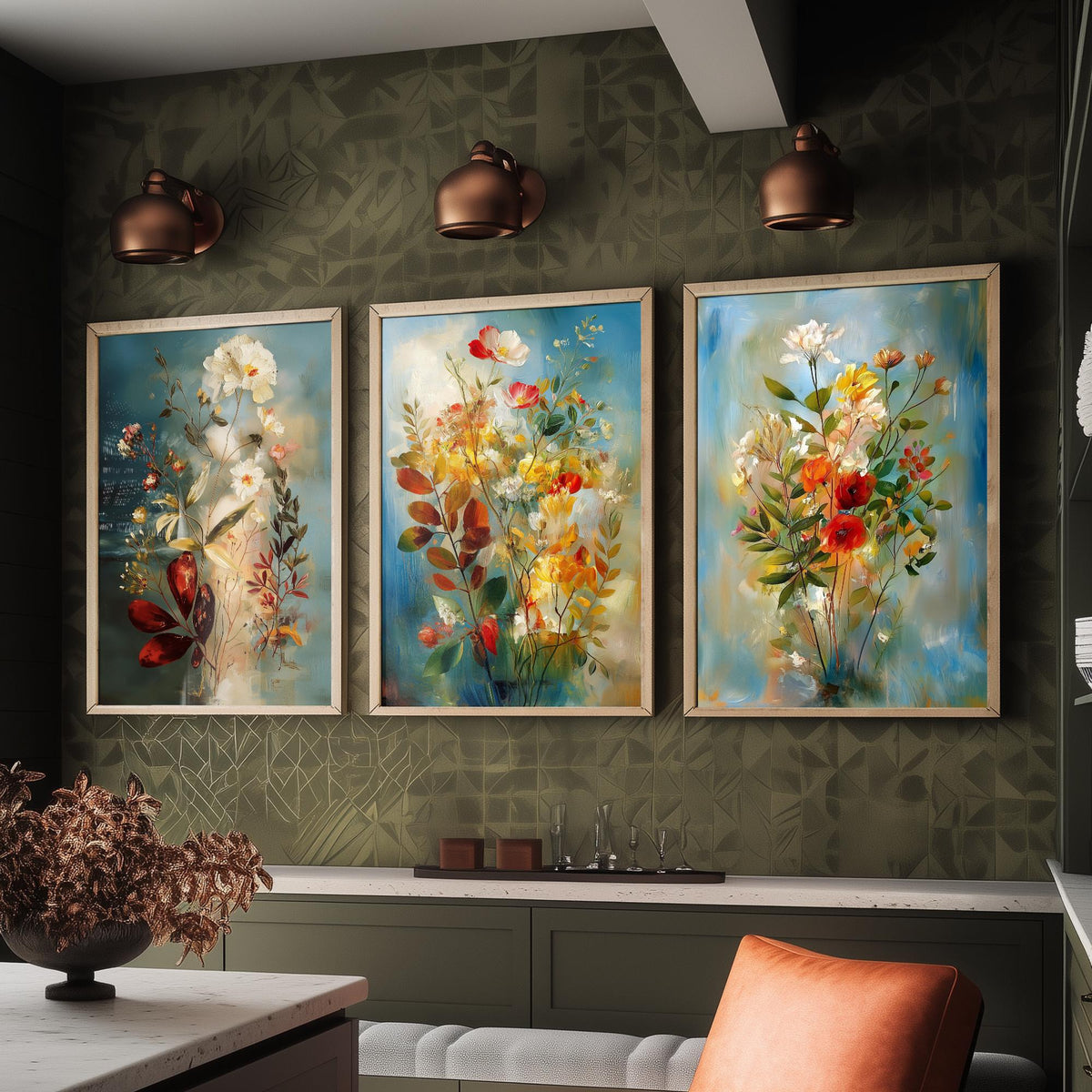 Floral Bouquet Set of Three Art Prints - 3 Wildflower Posters - Dreamy Painterly Botanical Wall Art Gift Painting Blue