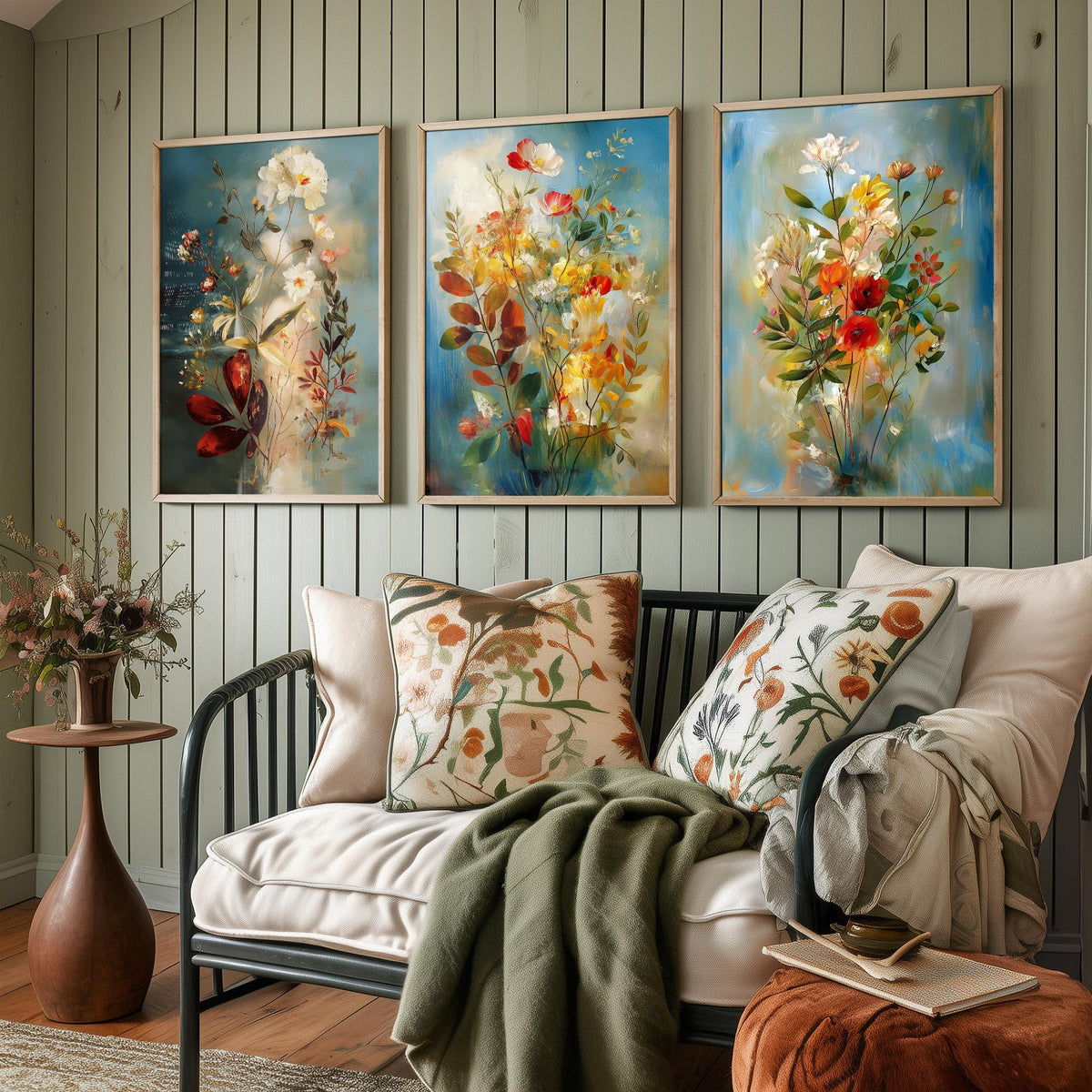 Floral Bouquet Set of Three Art Prints - 3 Wildflower Posters - Dreamy Painterly Botanical Wall Art Gift Painting Blue