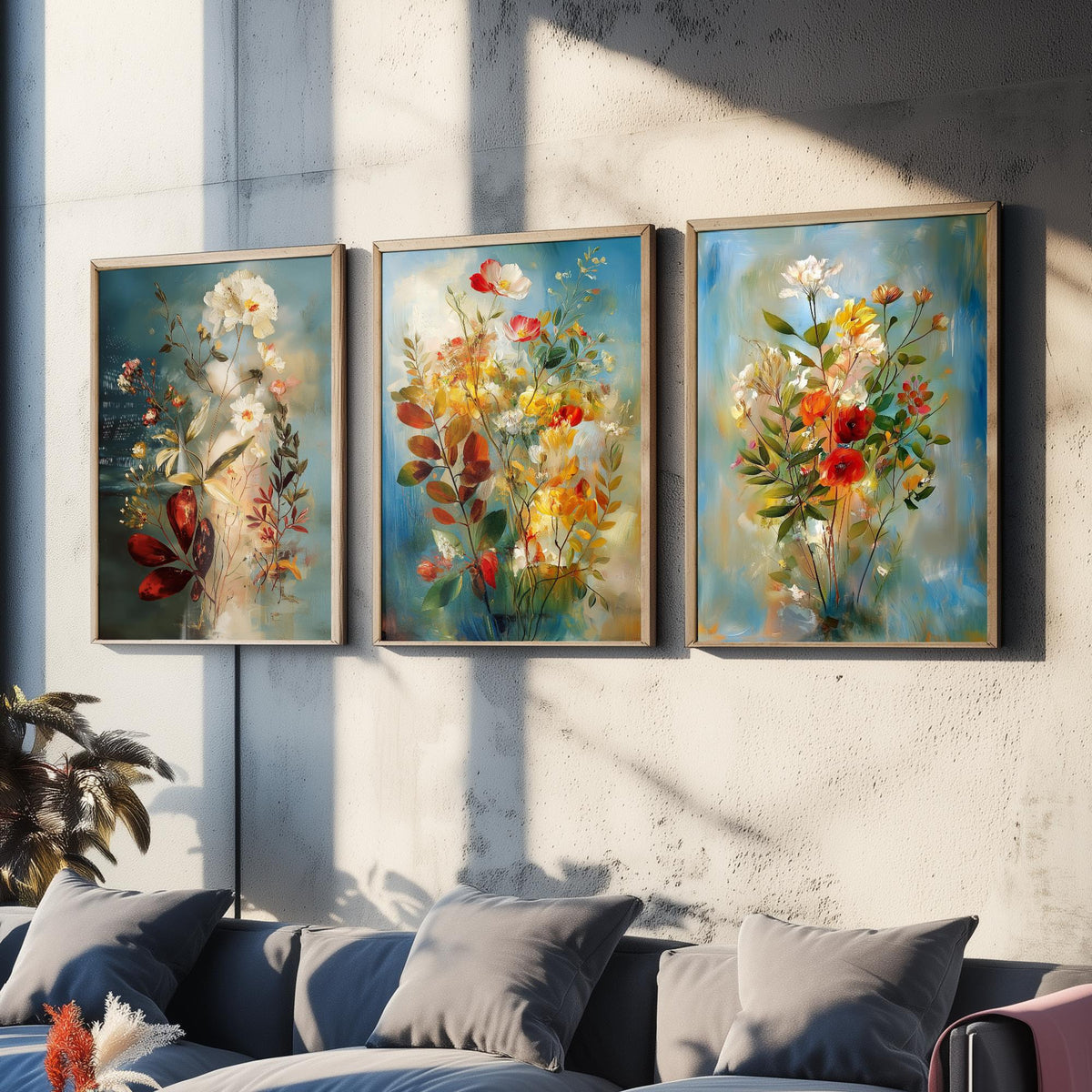 Floral Bouquet Set of Three Art Prints - 3 Wildflower Posters - Dreamy Painterly Botanical Wall Art Gift Painting Blue