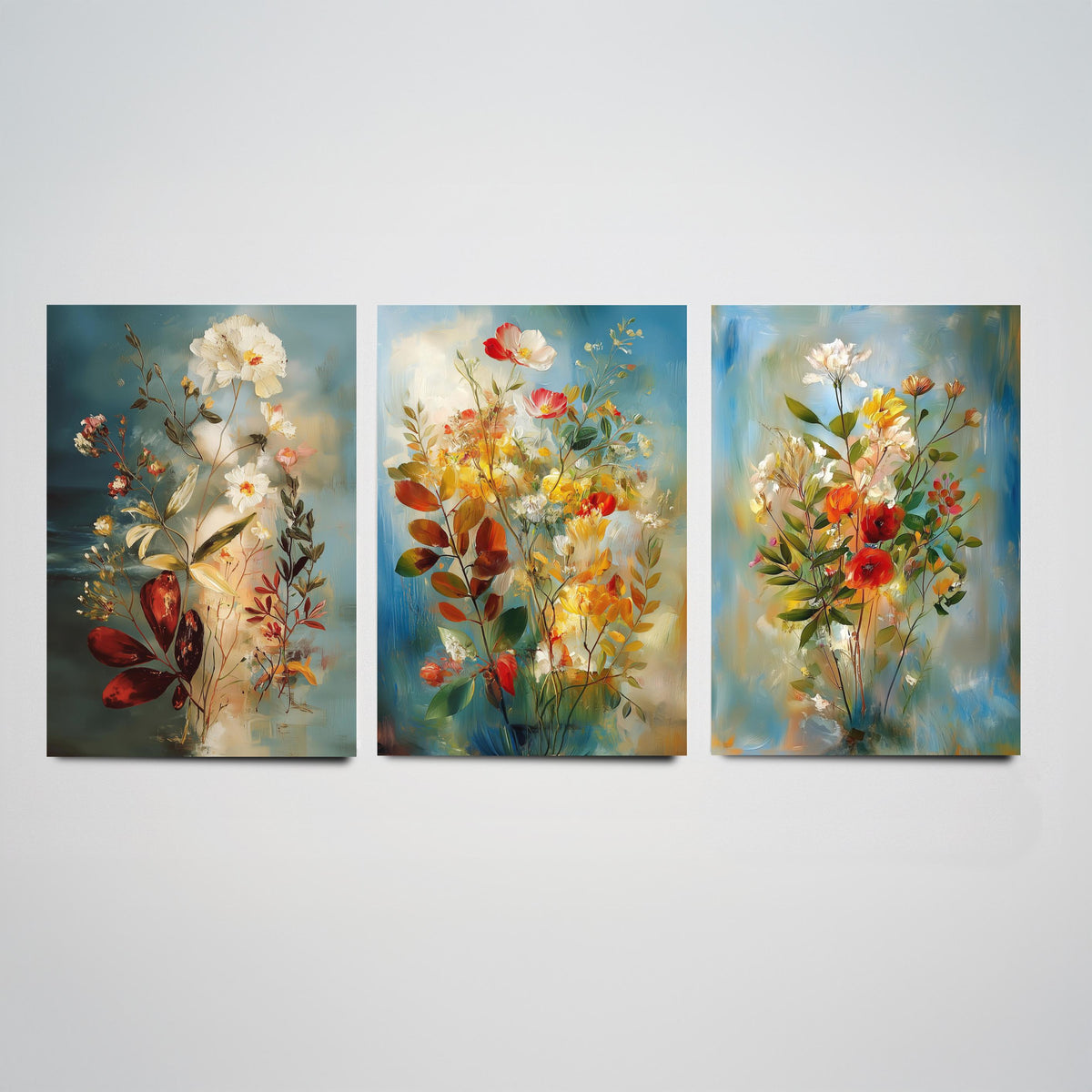 Floral Bouquet Set of Three Art Prints - 3 Wildflower Posters - Dreamy Painterly Botanical Wall Art Gift Painting Blue