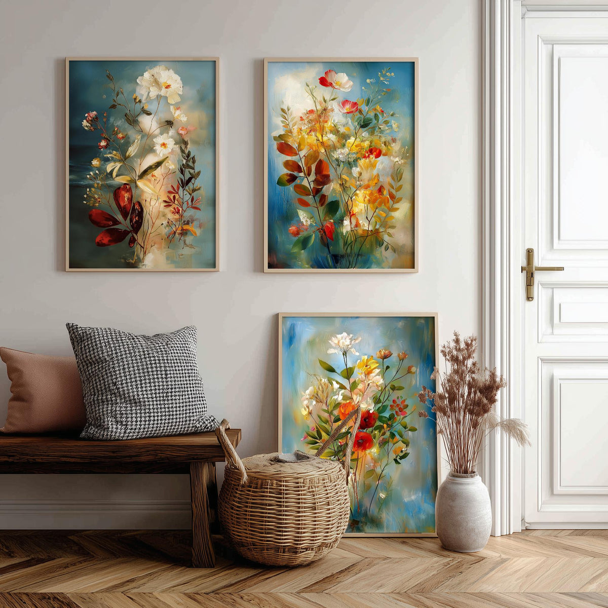 Floral Bouquet Set of Three Art Prints - 3 Wildflower Posters - Dreamy Painterly Botanical Wall Art Gift Painting Blue
